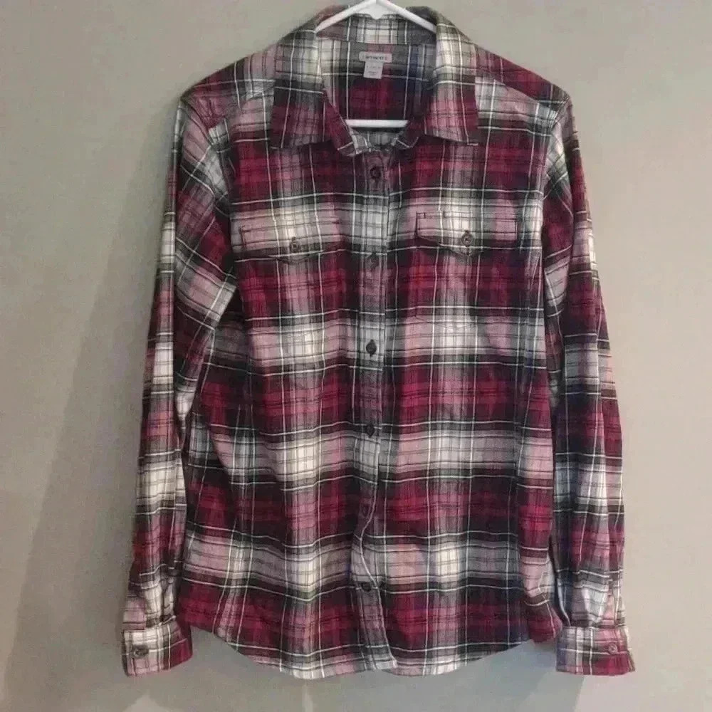Carhartt Women's Large Plum Gray White Green plaid button down flannel